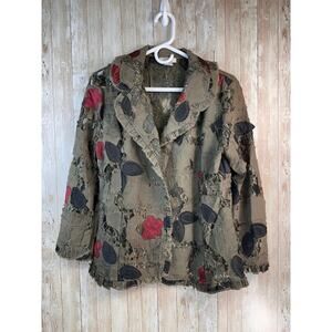 Dorman Jacket Women M Olive Green Floral Appliques Ruffle Trim Distressed Blazer